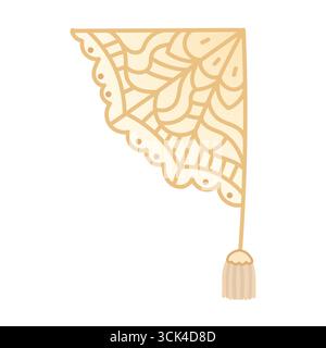 Angolo decorativo minimalista con ragnatela stilizzata e nappina. Ideale per articoli di cancelleria, adesivi o elementi di design boho di Halloween. Illustrazione Vettoriale