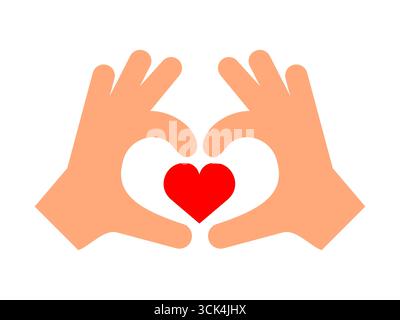 Due mani che creano una forma a cuore con un cuore rosso dentro. Amore, compassione, gentilezza, simbolo di cura. Amicizia, emozioni, unità e sostegno emoticon. Illustrazione Vettoriale