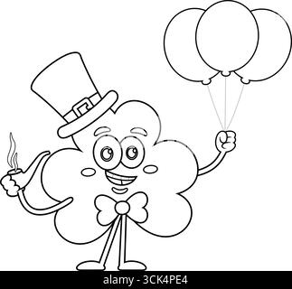 Delineato il personaggio di St. Patrick's Clover Leaf Cartoon che tiene la pipa e l'elio delle palloncini. Illustrazione vettoriale disegnata a mano Illustrazione Vettoriale