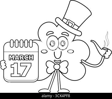 Delineato il personaggio di Cartoon della foglia di trifoglio di San Patrizio che tiene il calendario e la pipa. Illustrazione vettoriale disegnata a mano isolata su sfondo trasparente Illustrazione Vettoriale