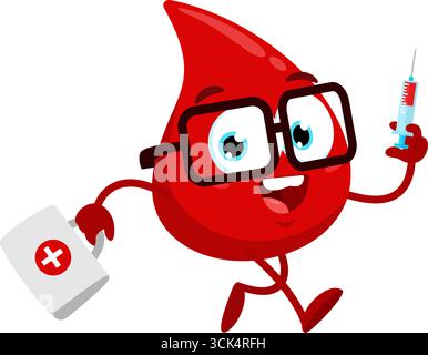 Carino personaggio di Red Blood Drop Doctor Cartoon che corre con Una sacca Medicina e una siringa. Disegno piatto dell'illustrazione vettoriale Illustrazione Vettoriale
