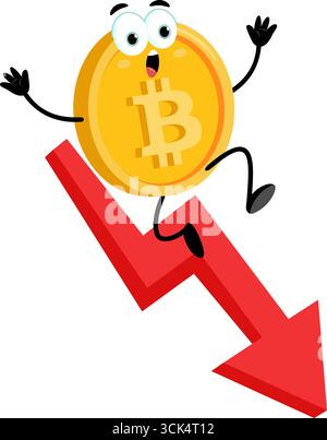 Bitcoin Cartoon Character scende con la freccia delle statistiche. Illustrazione vettoriale Flat Design isolato su sfondo trasparente Illustrazione Vettoriale
