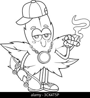 Delineato Gangsta marijuana Leaf Cartoon Character Smoking A Joint. Illustrazione vettoriale disegnata a mano isolata su sfondo trasparente Illustrazione Vettoriale