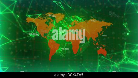 Visualizzazione della sovrapposizione arancione della mappa mondiale sulla griglia virtuale con linee di rete verdi ed etichette numeriche Foto Stock