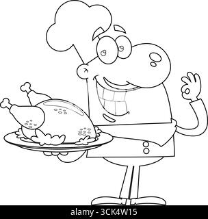 Disegnato il sorridente Chef Man Cartoon personaggio che tiene in mano il pollo arrosto. Illustrazione vettoriale disegnata a mano isolata su sfondo trasparente Illustrazione Vettoriale