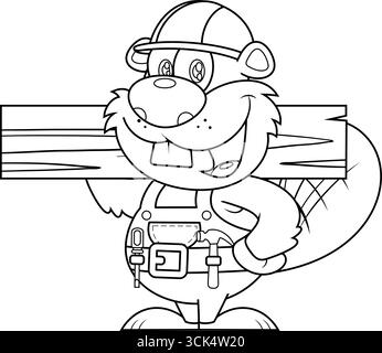 Carino carpentiere cartoni animati che tiene in mano il Plank di legno. Illustrazione vettoriale disegnata a mano isolata su sfondo trasparente Illustrazione Vettoriale