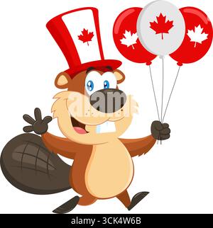 Il personaggio canadese dei cartoni animati corre con la mongolfiera per l'Happy Canada Day. Illustrazione vettoriale Flat Design isolato su sfondo trasparente Illustrazione Vettoriale