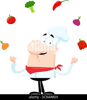 Divertente Chef Man Cartoon Character giocherellando con verdure fresche. Illustrazione vettoriale Flat Design isolato su sfondo trasparente Illustrazione Vettoriale