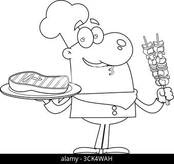 Il personaggio del cartone animato dello Chef Man ha in mano Un piatto con bistecche alla griglia e spiedini di carne. Illustrazione vettoriale disegnata a mano Illustrazione Vettoriale