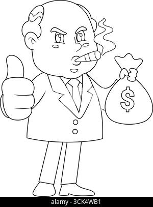 Il personaggio di un fumetto Business Boss Man che tiene in mano Una borsa dei soldi e dà le benne mordenti. Illustrazione vettoriale disegnata a mano isolata sul retro trasparente Illustrazione Vettoriale