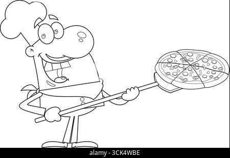 Delineato Happy Chef Man Cartoon personaggio che inserisce Una pizza. Illustrazione vettoriale disegnata a mano isolata su sfondo trasparente Illustrazione Vettoriale