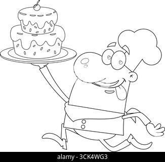 Disegnato il sorridente Chef Man personaggio Cartoon che gestisce Un vassoio con torta. Illustrazione vettoriale disegnata a mano isolata su sfondo trasparente Illustrazione Vettoriale