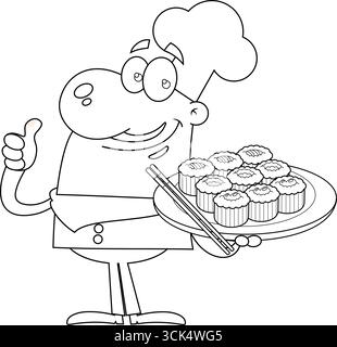 Lo Chef Man Cartoon presenta il Sushi, propone specialità di pesce giapponesi e regala il pollice. Illustrazione vettoriale disegnata a mano Illustrazione Vettoriale