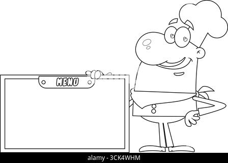 Chef Man sorridente, personaggio del cartone animato che tiene in mano un tabellone da menu in legno. Illustrazione vettoriale disegnata a mano isolata su sfondo trasparente Illustrazione Vettoriale