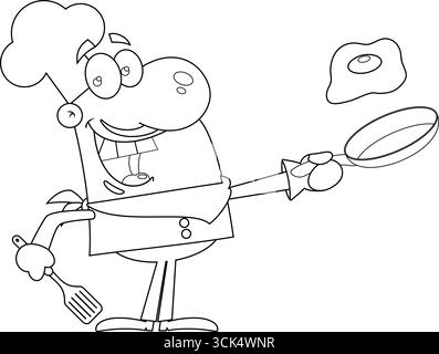 Disegnato Happy Chef Man Cartoon personaggio che regge Una padella con uovo. Illustrazione vettoriale disegnata a mano isolata su sfondo trasparente Illustrazione Vettoriale