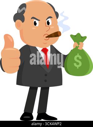 Personaggio Cartoon Business Boss Man che tiene in mano Una borsa dei soldi e che regala le benne mordenti. Illustrazione vettoriale Flat Design isolato su sfondo trasparente Illustrazione Vettoriale