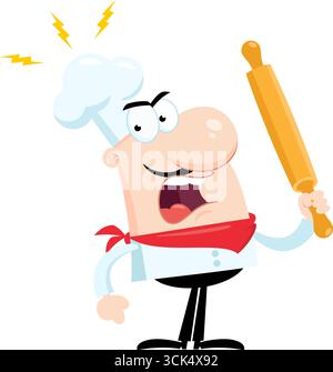 Personaggio animato di Angry Chef Man con Una spilla rotante. Illustrazione vettoriale Flat Design isolato su sfondo trasparente Illustrazione Vettoriale