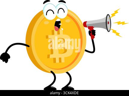 Bitcoin Cartoon Character Screaming into Megaphone. Illustrazione vettoriale Flat Design isolato su sfondo trasparente Illustrazione Vettoriale