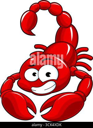 Divertente personaggio Red Scorpion Cartoon con espressione aggressiva. Illustrazione vettoriale disegnata a mano isolata su sfondo trasparente Illustrazione Vettoriale