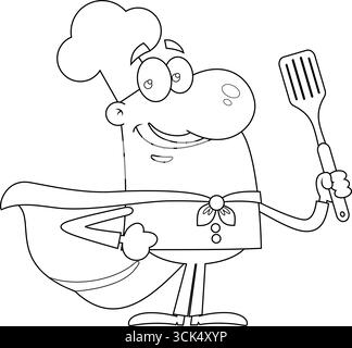 Disegnato a mano il supereroe di Chef Man Cartoon che regge Un'illustrazione disegnata a mano di Spatula Vector isolata su sfondo trasparente Illustrazione Vettoriale