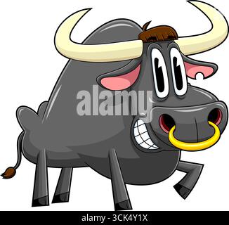 Funny Bull Cartoon Character Running. Illustrazione vettoriale disegnata a mano isolata su sfondo trasparente Illustrazione Vettoriale