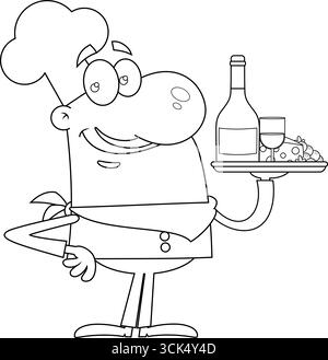 Piatto sorridente dello Chef Man Cartoon con vino e formaggio. Illustrazione vettoriale disegnata a mano isolata su sfondo trasparente Illustrazione Vettoriale