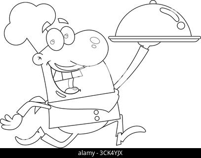 Disegnato il sorridente Chef Man personaggio Cartoon in esecuzione con Silver Platter. Illustrazione vettoriale disegnata a mano isolata su sfondo trasparente Illustrazione Vettoriale