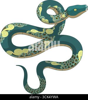 Anno del serpente 2025 elegante serpente decorativo con motivi a spirale. Illustrazione vettoriale disegnata a mano isolata su sfondo trasparente Illustrazione Vettoriale