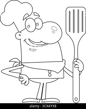 Disegnato il sorridente Chef Man Cartoon personaggio che regge Una grande spatola. Illustrazione vettoriale disegnata a mano isolata su sfondo trasparente Illustrazione Vettoriale