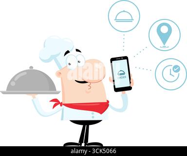 Divertente Chef Man personaggio Cartoon con piatto d'argento e smartphone per ordinare cibo online. Disegno piatto dell'illustrazione vettoriale Illustrazione Vettoriale