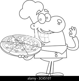 Lo Chef Man sorridente personaggio del cartone animato che tiene una pizza e fa gesti. Illustrazione vettoriale disegnata a mano isolata su sfondo trasparente Illustrazione Vettoriale