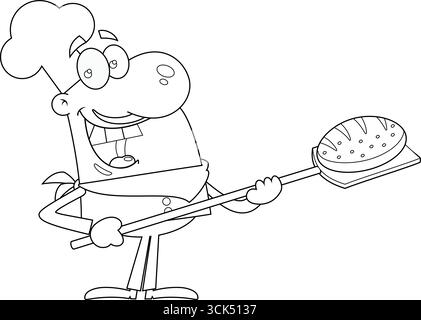 Delineato Happy Chef Baker Man personaggio del cartone animato che tiene in mano lo strumento di buccia da forno con pane. Illustrazione vettoriale disegnata a mano isolata su sfondo trasparente Illustrazione Vettoriale