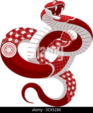 Year of the Snake 2025 Red Snake con disegno ornamentale Vector illustrazione disegnata a mano isolata su sfondo trasparente Illustrazione Vettoriale