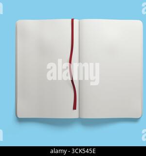 Un blocco appunti vuoto aperto con un segnalibro a nastro rosso, pronto per la scrittura o il disegno. Foto Stock