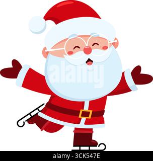 Carino Babbo Natale Cartoon, pattinaggio su ghiaccio e saluto. Illustrazione vettoriale Flat Design isolato su sfondo trasparente Illustrazione Vettoriale