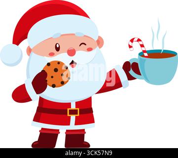 Carino personaggio del cartone animato di Babbo Natale che si gusta Un biscotto e cioccolata calda con l'agitatore Candy Cane. Disegno piatto dell'illustrazione vettoriale Illustrazione Vettoriale