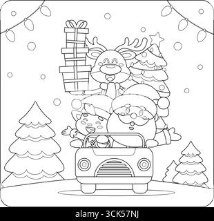 Ecco come Babbo Natale, Elfo e renne guidano un'auto festiva con regali di Natale e personaggi di Tree Cartoon Illustrazione Vettoriale