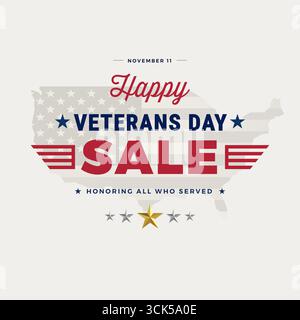 Sconti per il Veterans Day. Gunge bandiera e mappa degli Stati Uniti con testo Happy Veterans Day sale. Banner quadrato per campagne sui social media Illustrazione Vettoriale