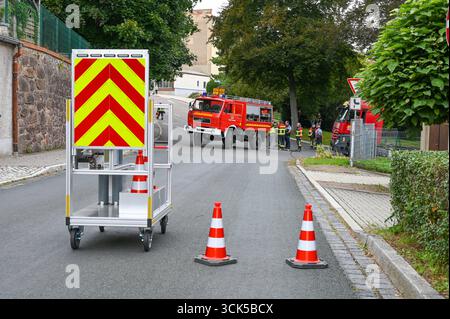 Leisnig - LKW bleibt in enger Kurve auf Johannistalstraße in Leisnig hängen: Feuerwehr zieht LKW aus der Patsche 05.09.2025 gegen 14 Uhr Leipzig, Johannistalstraße/Jahnstraße Wegen der Sperrung der Muldebrücke bei Fischendorf führt der Umleitungsverkehr derzeit auch für Lastwagen durch die Leisniger Innenstadt über die steile Johannistalstraße. AM Donnerstagmittag ist dort gegen 14 Uhr ein ausländischer LKW-Fahrer mit einem Containeraufleger in Schwierigkeiten geraten. Beim Rückwärtsrangieren in einer engen Kurve kam der LKW von der Fahrbahn ab, überfuhr einen Bordstein und blieb im Gebüsch hä Foto Stock