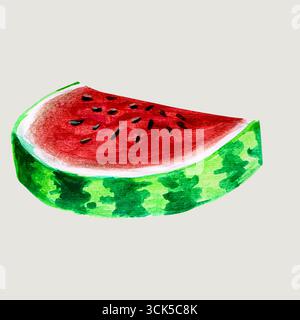 Un acquerello colorato che raffigura una fetta di anguria che mostra la sua polpa rossa vibrante e la crosta verde. Foto Stock
