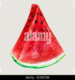 Un vivace acquerello raffigurante una fetta di anguria che mostra la sua succosa polpa rossa e i semi neri. Foto Stock