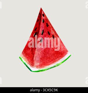 Un'illustrazione ad acquerello di una fetta triangolare di anguria, che mostra la sua polpa rossa vibrante e i semi neri. Foto Stock
