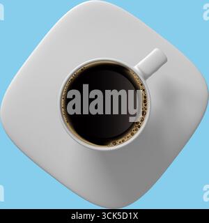 Vista dall'alto verso il basso di una tazza bianca riempita di caffè nero su un piattino quadrato. Foto Stock