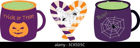Halloween Stiped Candy cane e cobweb con ragni e tazze di Halloween con pozione e lettere delle streghe. Imposta illustrazioni vettoriali isolate saluti di Halloween biglietti tematici Party inviti volantini, etichette Illustrazione Vettoriale