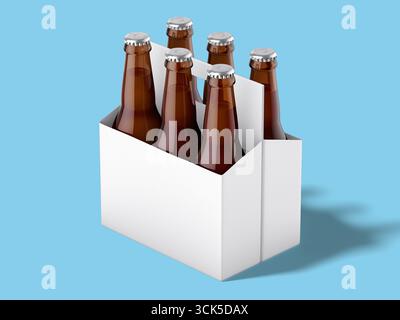 Confezione da sei bottiglie marroni in un supporto bianco, generalmente utilizzato per bevande come birra o soda. Foto Stock