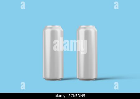 Due lattine vuote in alluminio affiancate, caratterizzate da un design minimalista. Foto Stock