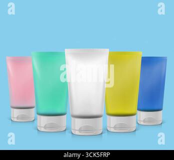 Una collezione di tubi cosmetici colorati, con varie forme e dimensioni, ideali per prodotti per la cura della pelle o della persona. Foto Stock