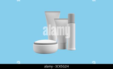 Una collezione di contenitori cosmetici minimalisti, tra cui un vasetto di crema e vari tubi, che presentano prodotti per la cura della pelle. Foto Stock