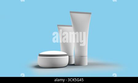 Una collezione di prodotti minimalisti per la cura della pelle, tra cui un vasetto di panna e due tubi, ideali per la cura della bellezza e della persona. Foto Stock