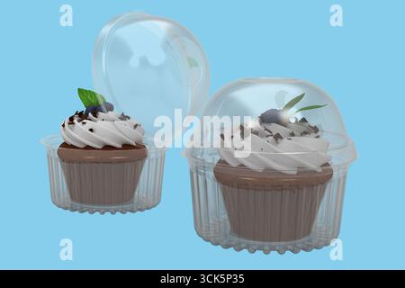 Due cupcake in contenitori di plastica trasparente, con panna montata, scaglie di cioccolato ed elementi decorativi. Foto Stock
